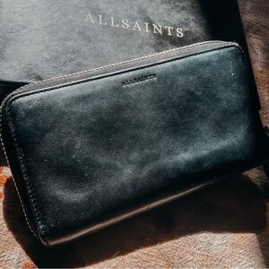 AllSaints Black Leather Zip-Around Wallet